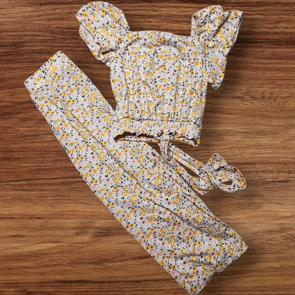 Sweet Stories Yellow Floral Pant Set with Cropped Shirt- Girls Size 5 - Picture 2 of 8